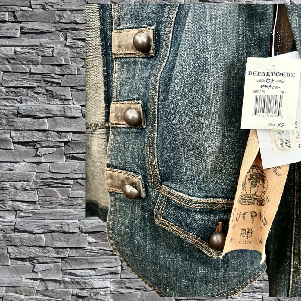 NWT Dept of Peace Denim Military Style Jacket with Leather Accents Size XS - Picture 3 of 7